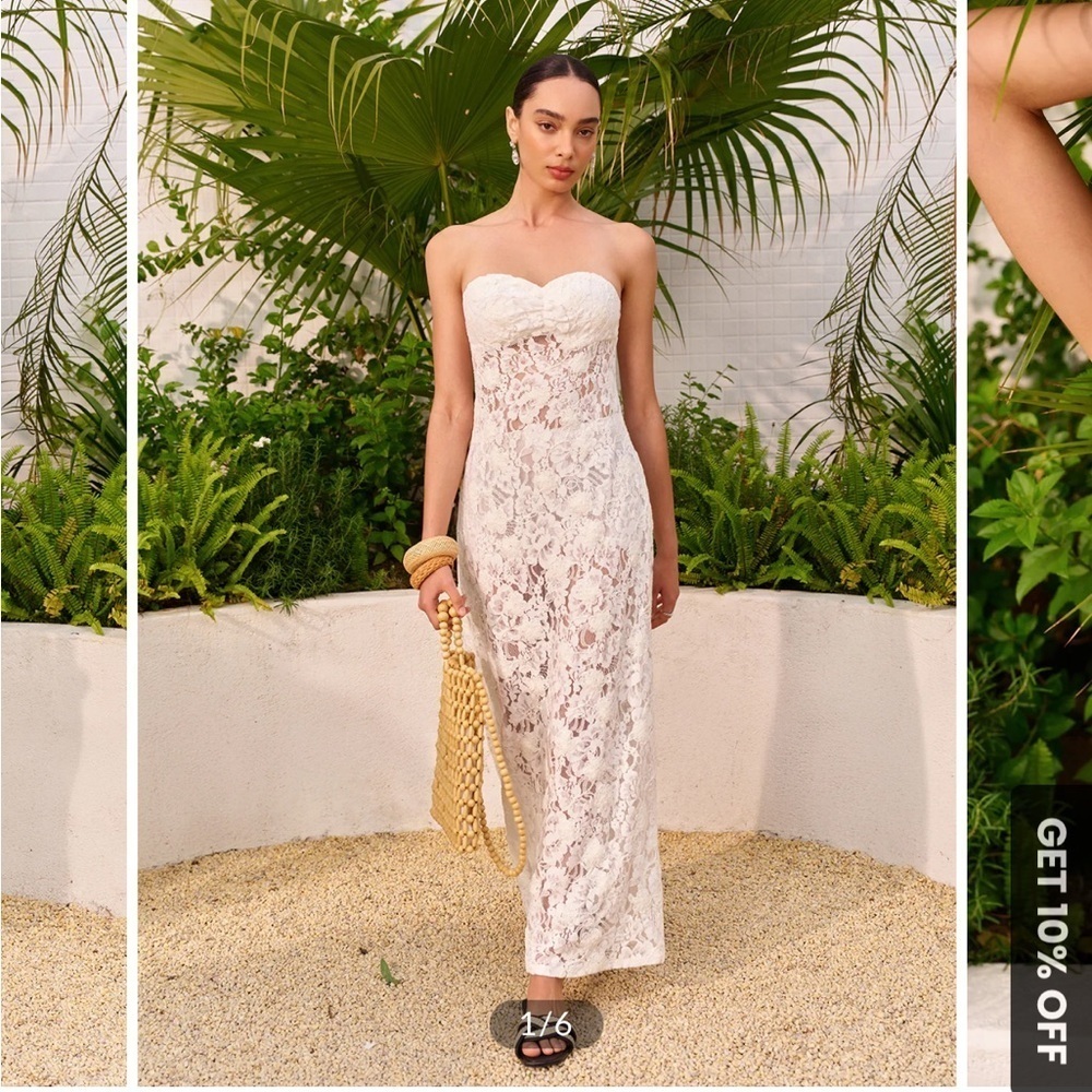 Commense Sheer Jacquard Floral Lace Panel Strapless Dress